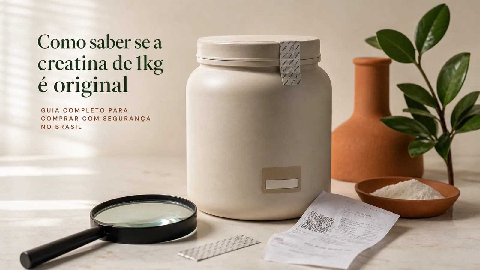 Ilustração editorial para o artigo: Creatina Dark Lab 1 kg é original? Como verificar rótulo, lote e vendedor
