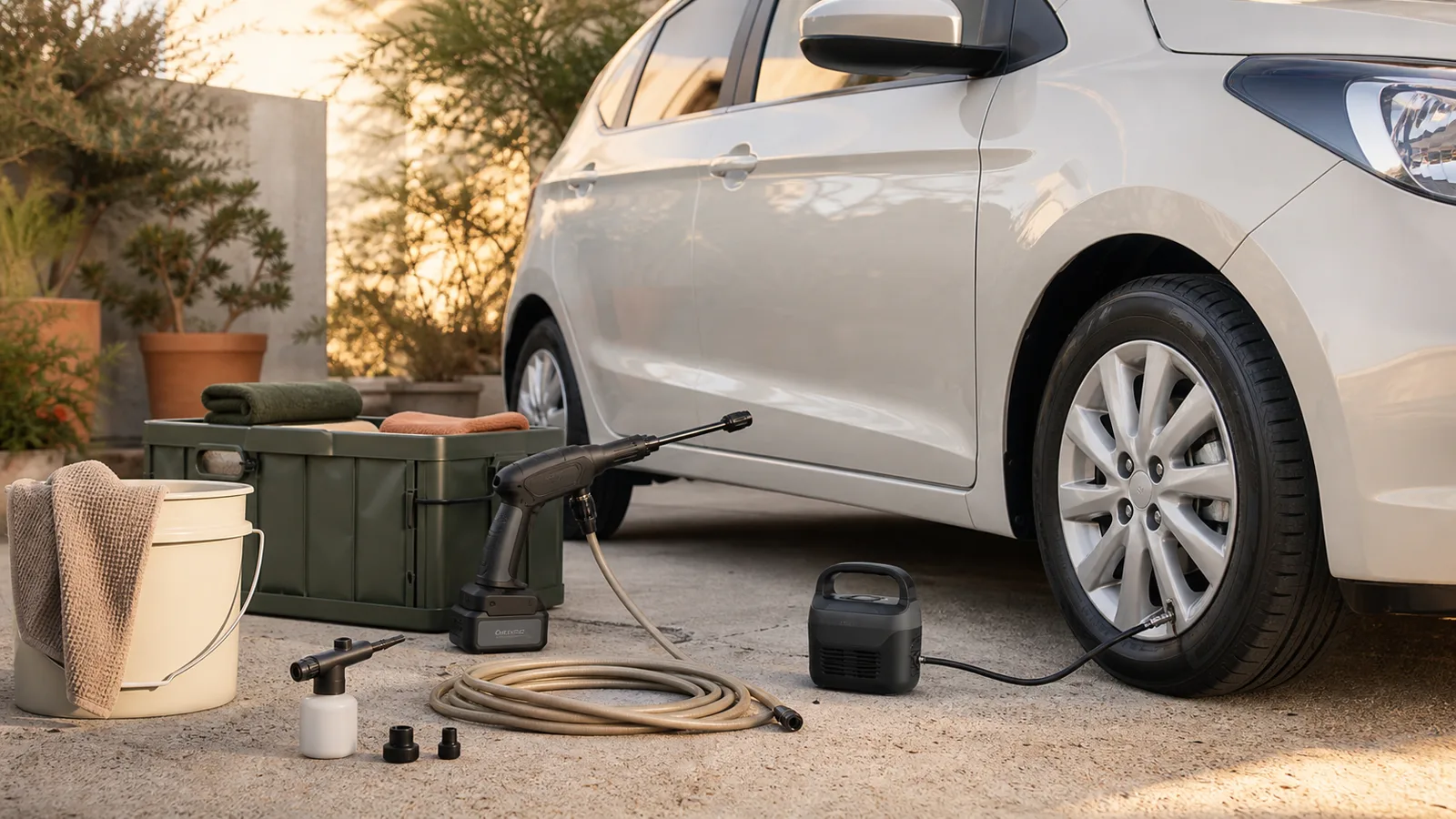 Ilustração editorial para o artigo: Kit para cuidar do carro: compressor Rezzet e lavadora portátil