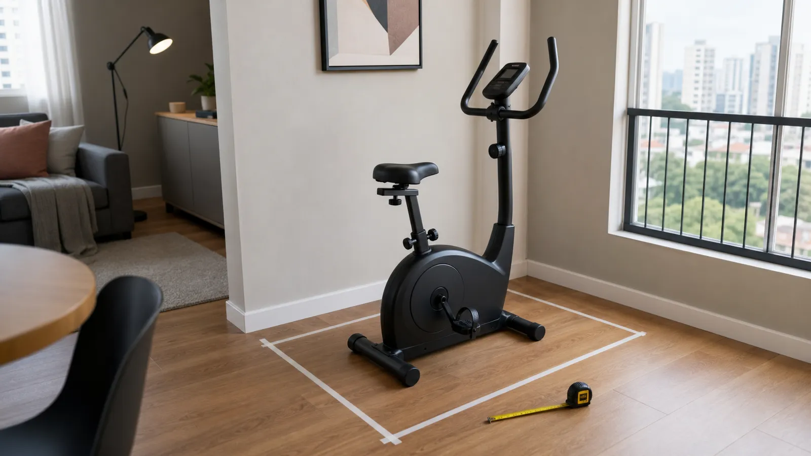 Ilustração editorial para o artigo: Bicicleta Sevenfit 6 kg cabe em apartamento? Espaço, ajuste e transporte